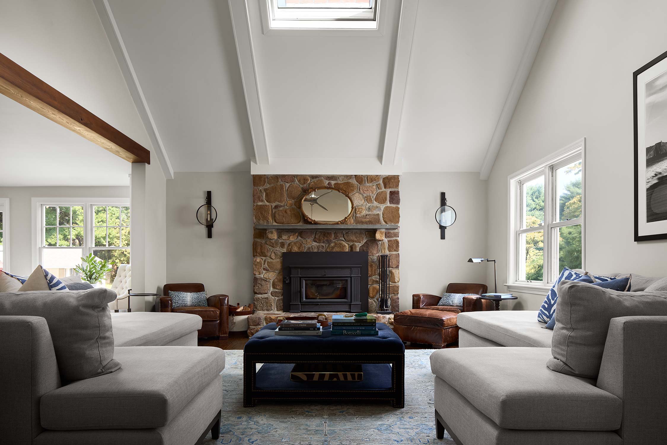 Cozy living room with stone fireplace, gray sofas, brown leather chairs, blue ottoman, and skylight.