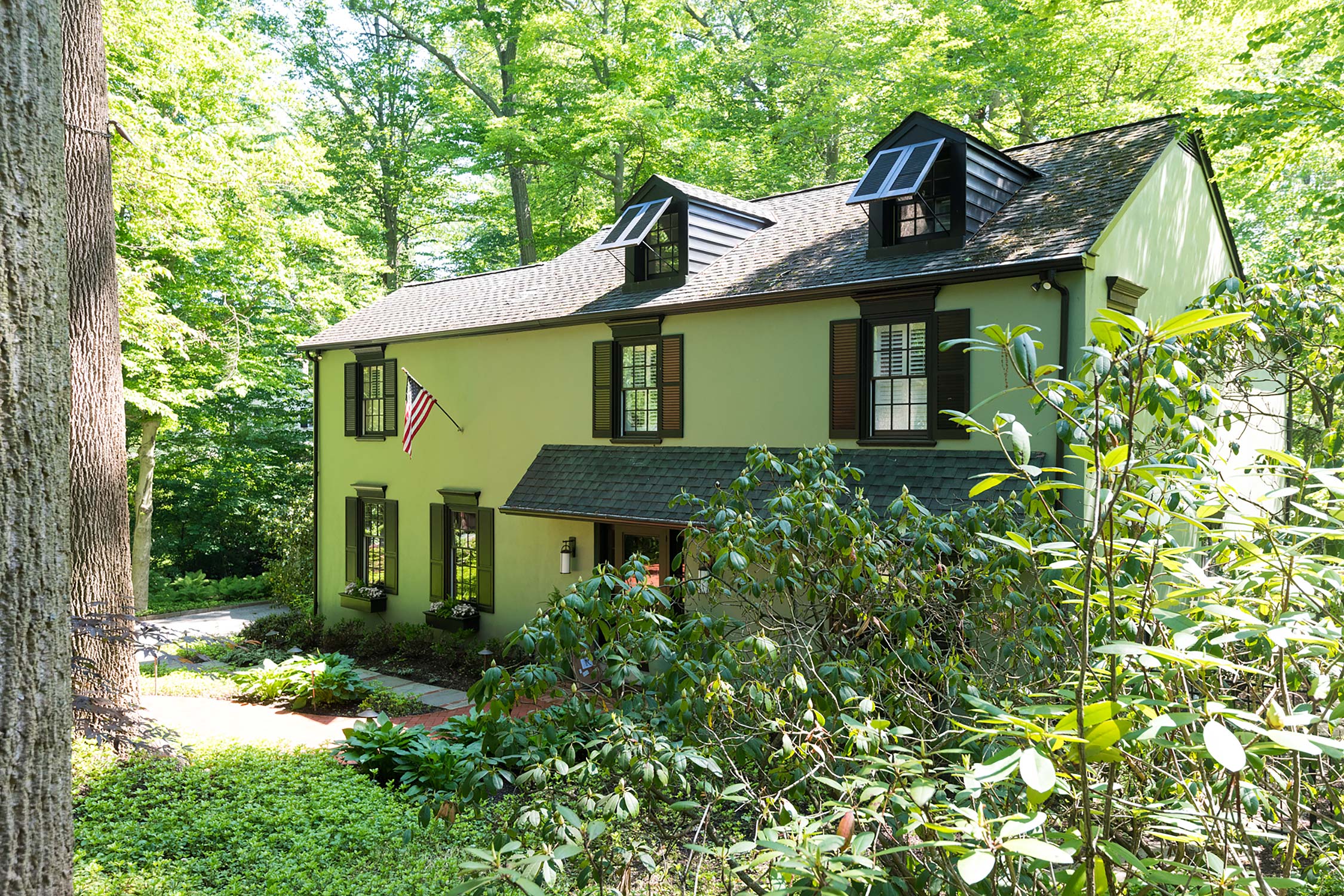 Charming green house nestled in lush forest, featuring dormer windows and an American flag, surrounded by vibrant greenery and a winding path.