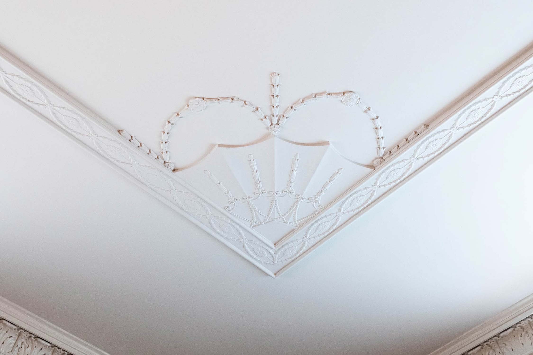 Intricate white ceiling design with ornate molding and decorative fan pattern, showcasing classic architectural detail.