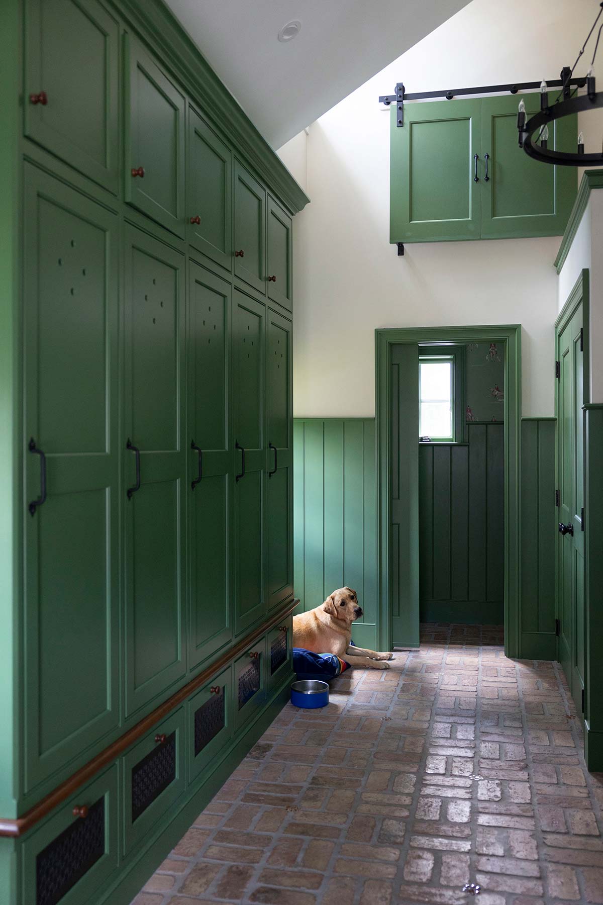 Green cabinetry with sliding door and yellow lab resting on brick floor. Includes a dog bowl and natural light from a window in the background.