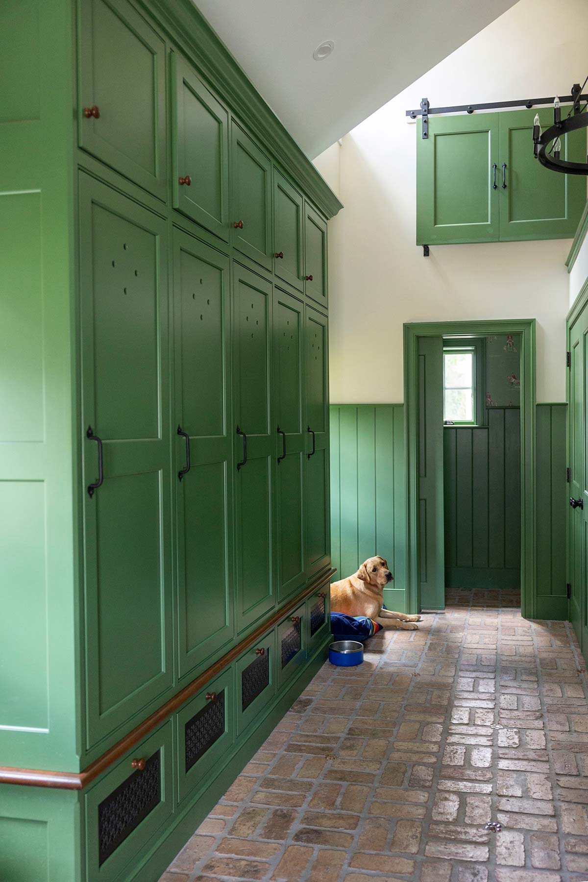 Green cabinetry with sliding door and yellow lab resting on brick floor. Includes a dog bowl and natural light from a window in the background.